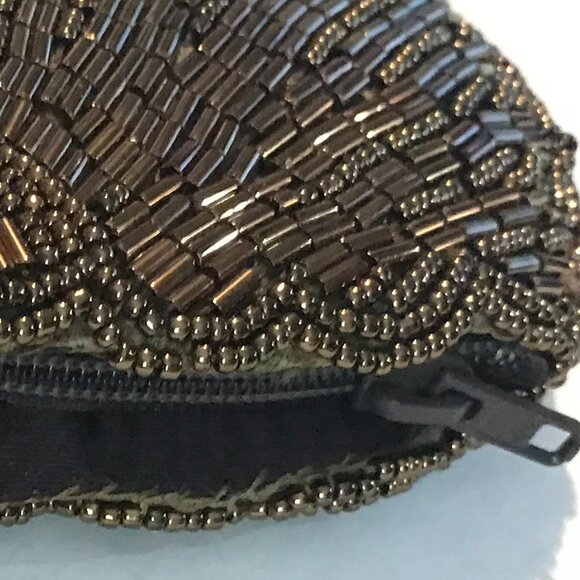 Vintage Copper Bronze Brown Beaded Bag / Small Zip Clutch - Picture 11 of 16